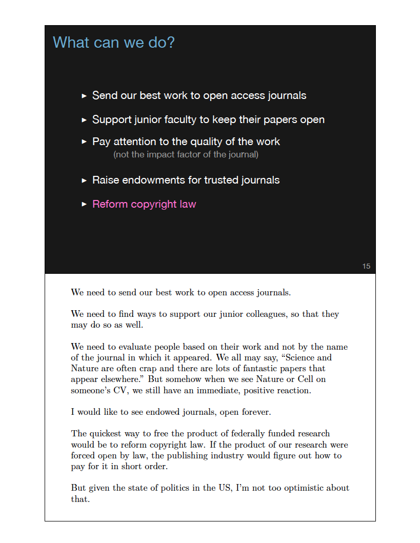 Example notes page from Open Access talk