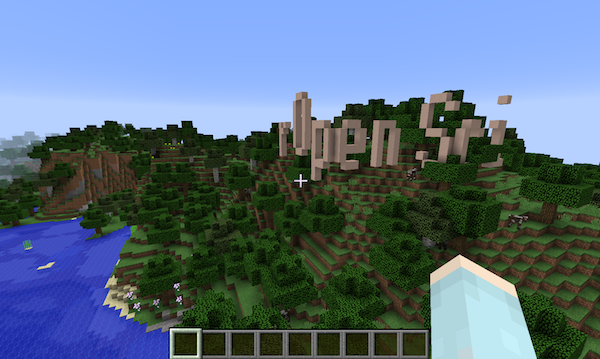 rOpenSci on a hill in Minecraft
